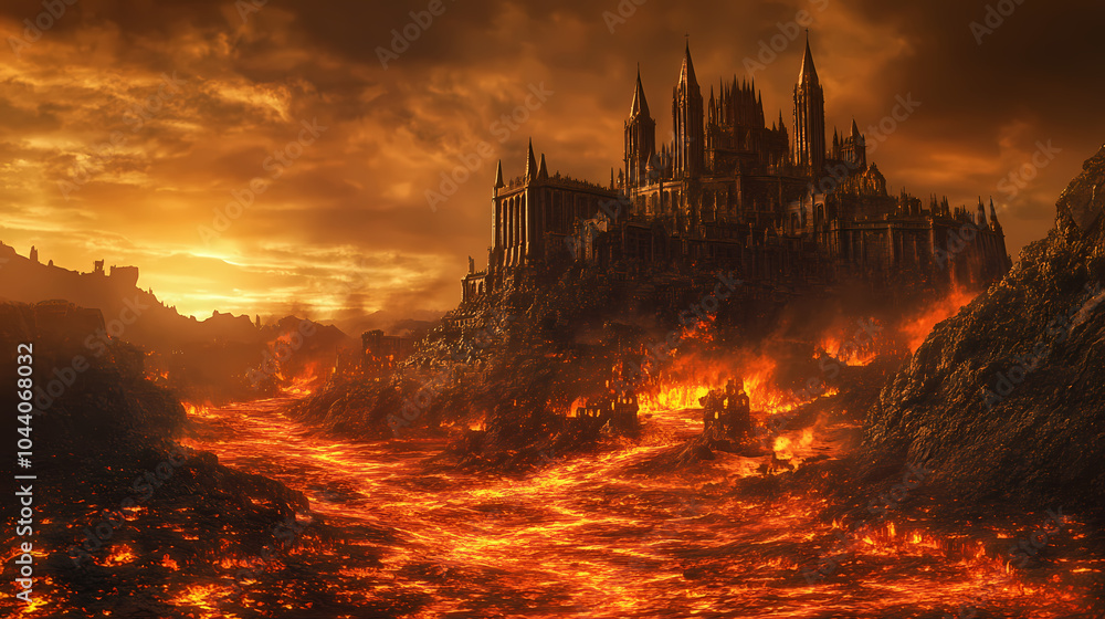A fiery landscape depicting a hellish realm with lava and dark, ominous structures. Lava Kingdom. Illustration A fiery landscape depicting a hellish realm with lava and dark, ominous structures. Lava Kingdom. Illustration