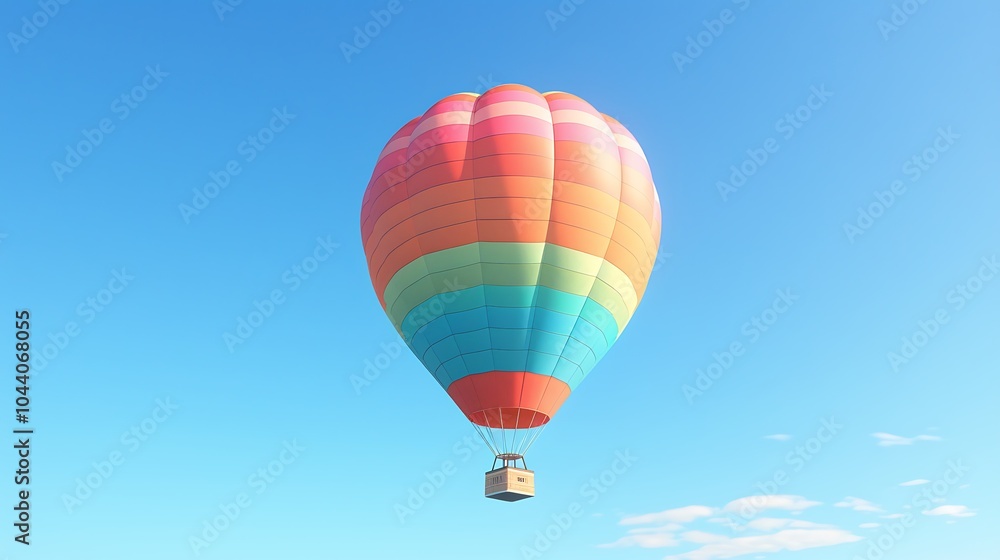 A solitary hot air balloon suspended against a clear blue sky, showcasing its colorful design A solitary hot air balloon suspended against a clear blue sky, showcasing its colorful design