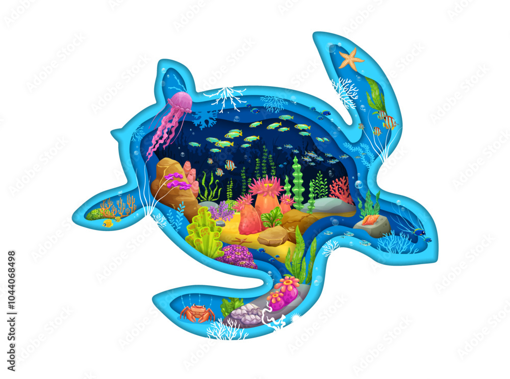 Paper cut turtle silhouette with underwater landscape of tropical reef ...
