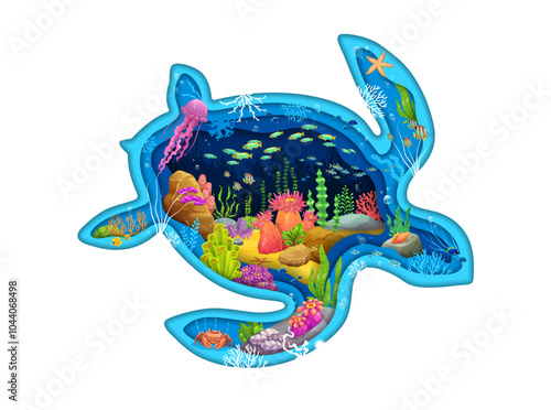 Paper cut turtle silhouette with underwater landscape of tropical reef vector background. Cartoon fish schools, jellyfish and starfish with seaweeds and bubbles in 3d paper cut marine turtle frame