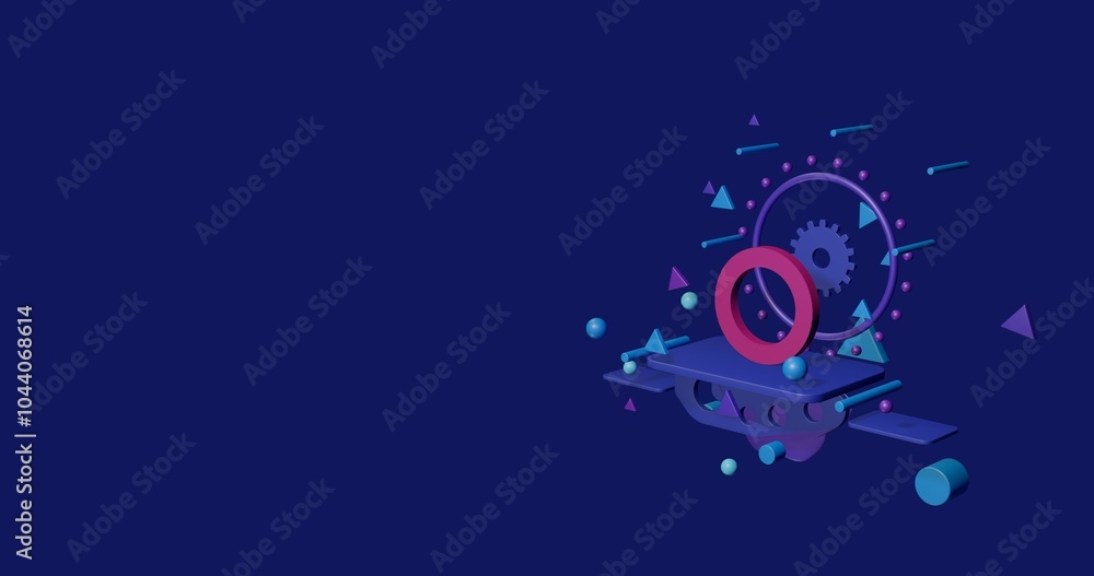 Fototapeta premium Pink circle symbol on a pedestal of abstract geometric shapes floating in the air. Abstract concept art with flying shapes on the right. 3d illustration on indigo background