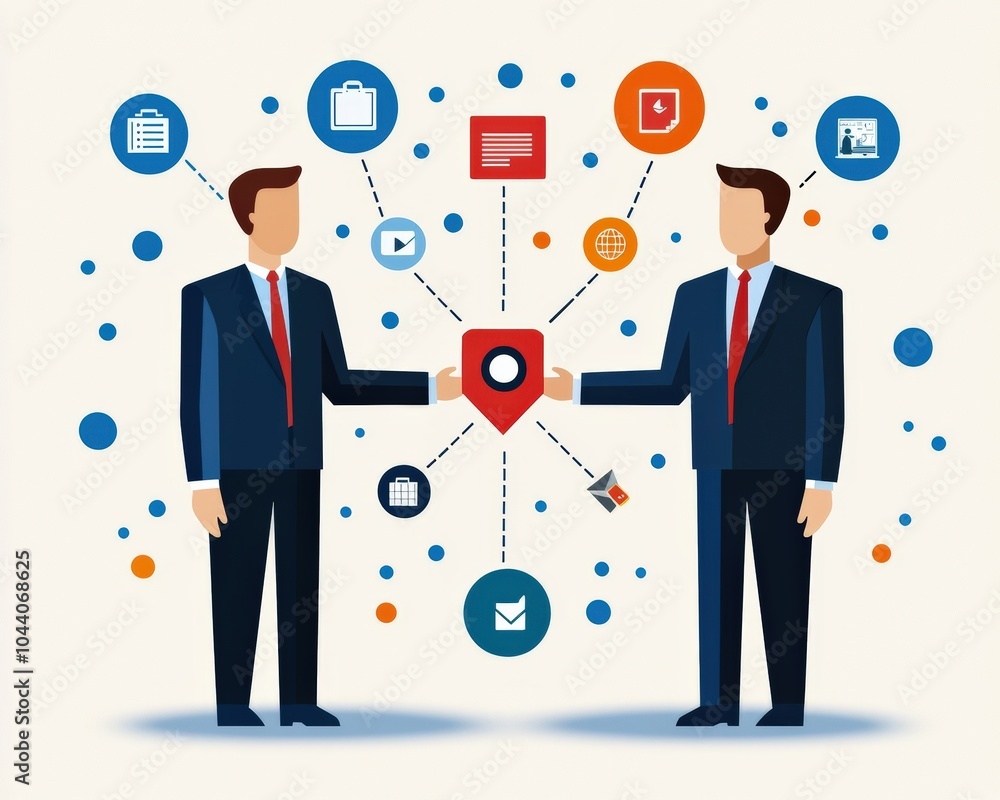 Two businessmen exchanging ideas with graphic elements representing communication and information flow Two businessmen exchanging ideas with graphic elements representing communication and information flow