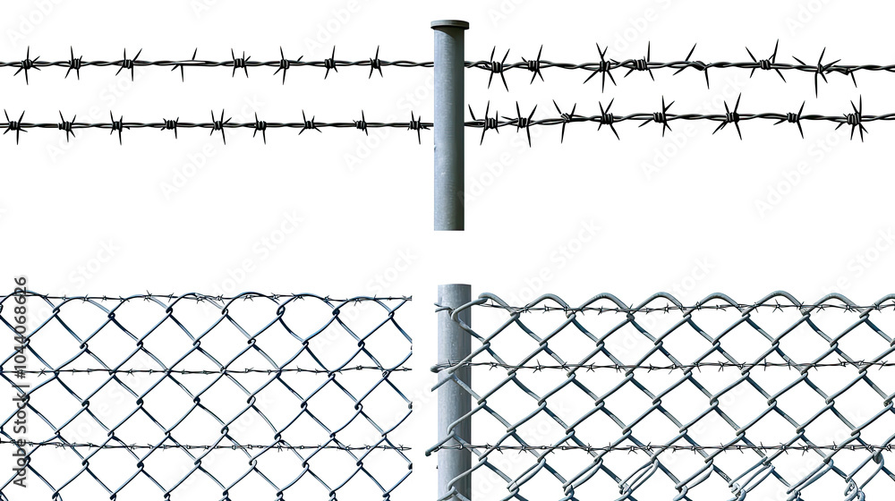 Metal Chain Link Fences and Barbed Wire on Clear Background Generative AI Metal Chain Link Fences and Barbed Wire on Clear Background Generative AI