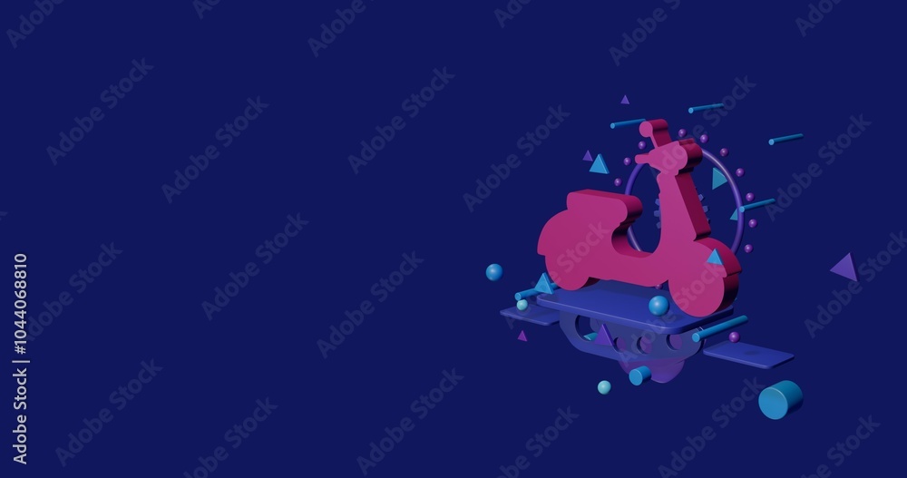 Naklejka premium Pink scooter symbol on a pedestal of abstract geometric shapes floating in the air. Abstract concept art with flying shapes on the right. 3d illustration on indigo background
