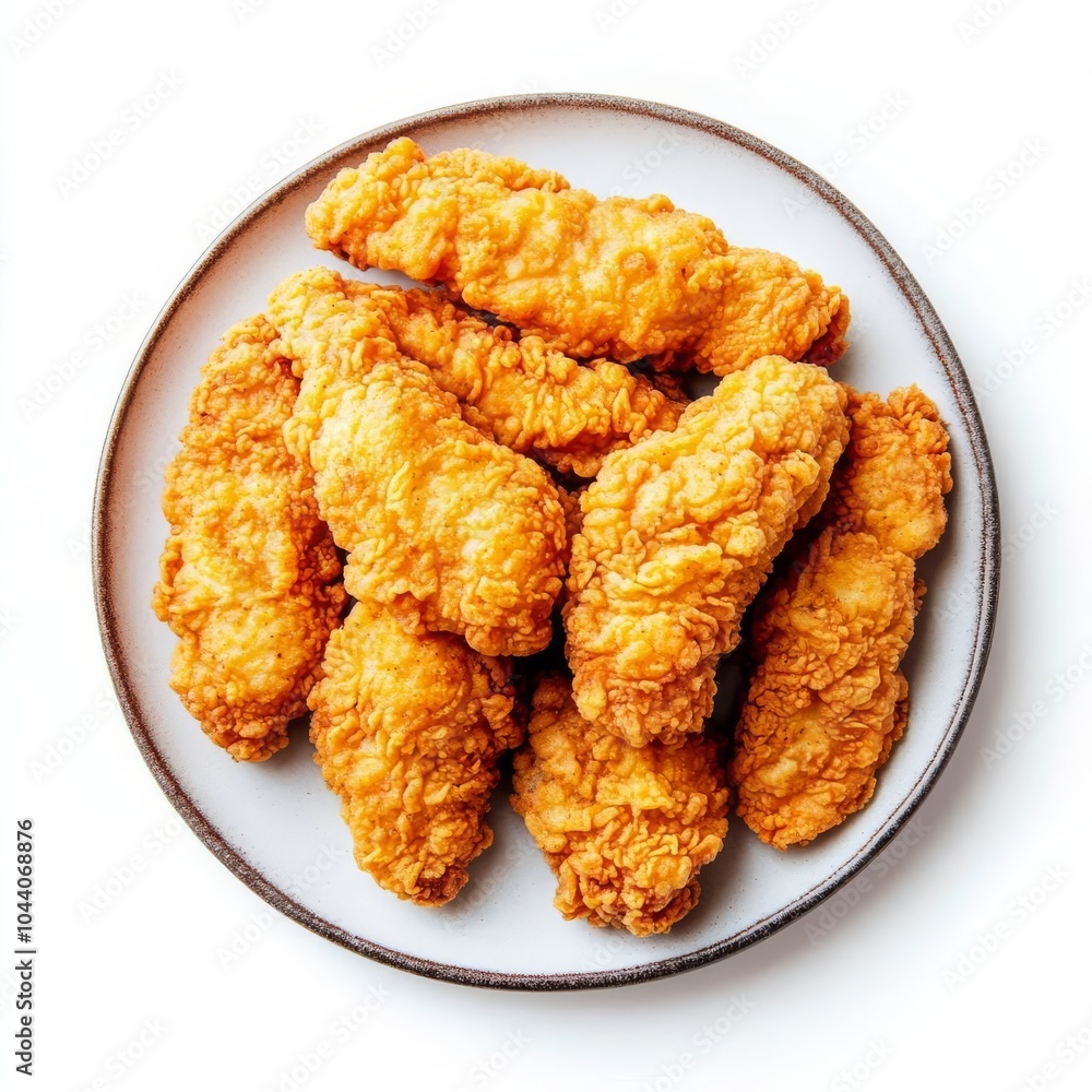A plate of fried chicken tenders, food element, top view, crunchy and golden, isolated on white background A plate of fried chicken tenders, food element, top view, crunchy and golden, isolated on white background