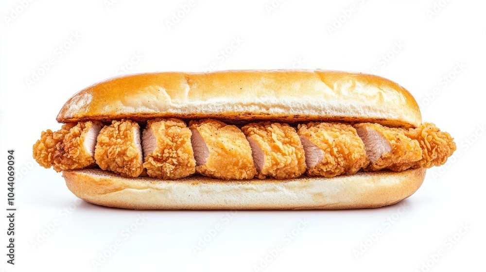 Battered fried chicken breast sandwich, food element, realistic 3D, crunchy and fresh, isolated on white background Battered fried chicken breast sandwich, food element, realistic 3D, crunchy and fresh, isolated on white background