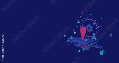 Pink lamp symbol on a pedestal of abstract geometric shapes floating in the air. Abstract concept art with flying shapes on the right. 3d illustration on indigo background