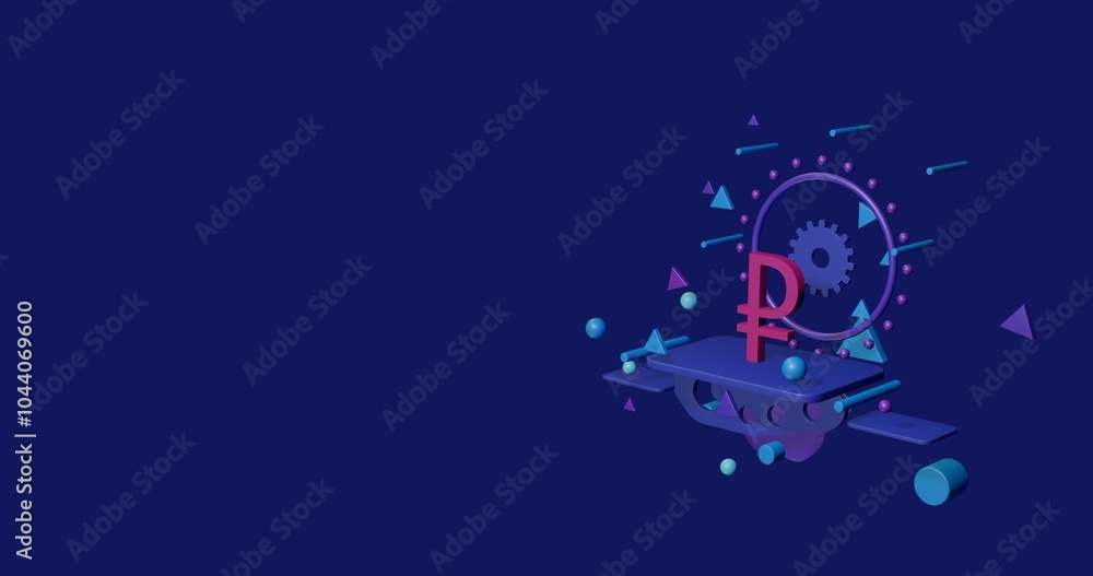 Naklejka premium Pink ruble symbol on a pedestal of abstract geometric shapes floating in the air. Abstract concept art with flying shapes on the right. 3d illustration on indigo background