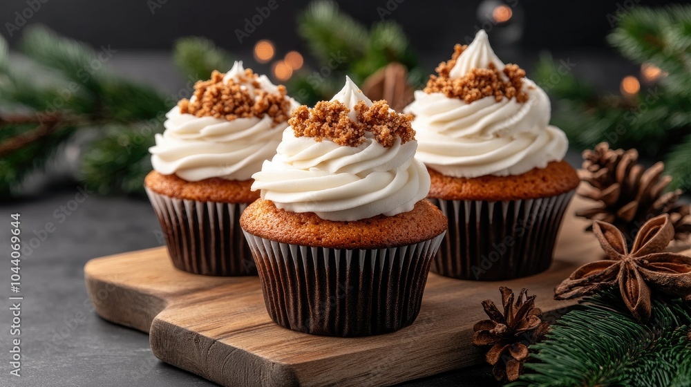 A collection of freshly baked pumpkin spice cupcakes topped with creamy swirls of frosting sits on a wooden platter, surrounded by autumn leaves, pumpkins, and spices A collection of freshly baked pumpkin spice cupcakes topped with creamy swirls of frosting sits on a wooden platter, surrounded by autumn leaves, pumpkins, and spices