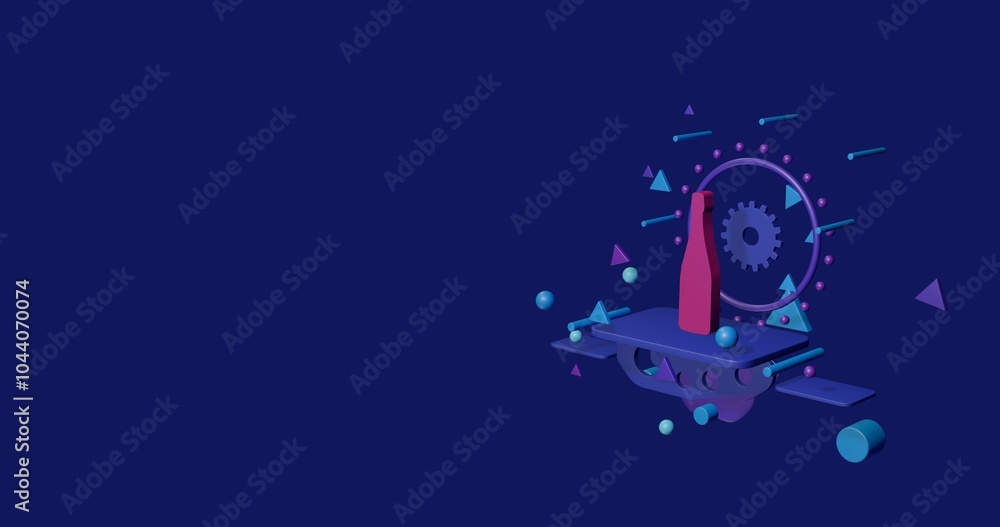 Fototapeta premium Pink champagne symbol on a pedestal of abstract geometric shapes floating in the air. Abstract concept art with flying shapes on the right. 3d illustration on indigo background