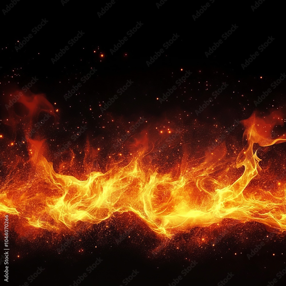Fiery Flames on Black Background, Abstract Fire Texture, Burning Hot Sparks And Embers Fiery Flames on Black Background, Abstract Fire Texture, Burning Hot Sparks And Embers