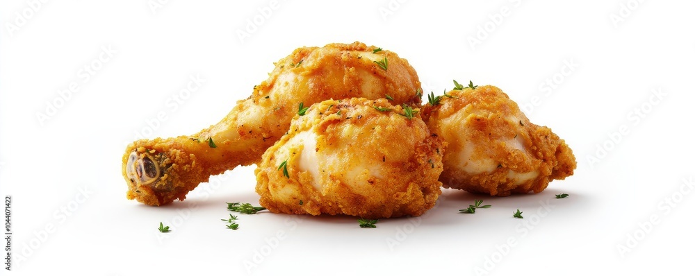 Fried chicken drumstick with herbs, food element, 3D render, crispy golden batter, isolated on white background Fried chicken drumstick with herbs, food element, 3D render, crispy golden batter, isolated on white background