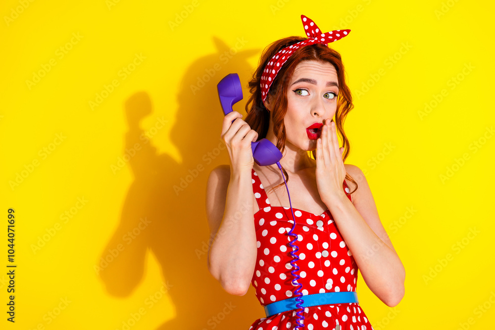 Photo of funny lovely cute lady wear red stylish dress speak phone look empty space isolated on yellow color background Photo of funny lovely cute lady wear red stylish dress speak phone look empty space isolated on yellow color background