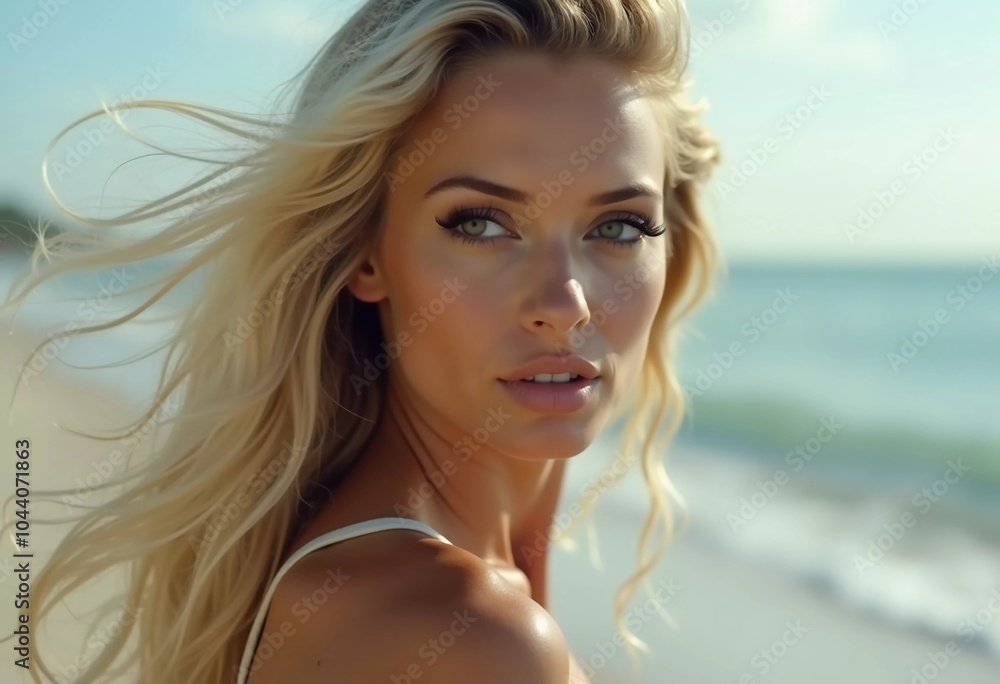 A blond woman in a swimsuit gazes back while standing near the shoreline. Gentle sea waves lap at her feet under a clear blue sky. Long hair, beautiful young face. Travel and clothing adverts. AI A blond woman in a swimsuit gazes back while standing near the shoreline. Gentle sea waves lap at her feet under a clear blue sky. Long hair, beautiful young face. Travel and clothing adverts. AI