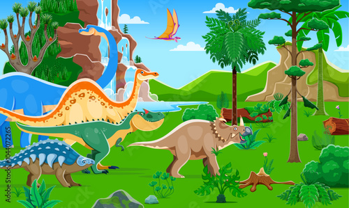 Prehistoric dinosaurs of Jurassic era on dino park landscape, vector background. Funny cartoon dinosaurs and prehistoric lizard characters in Jurassic jungle or forest for kids paleontology park