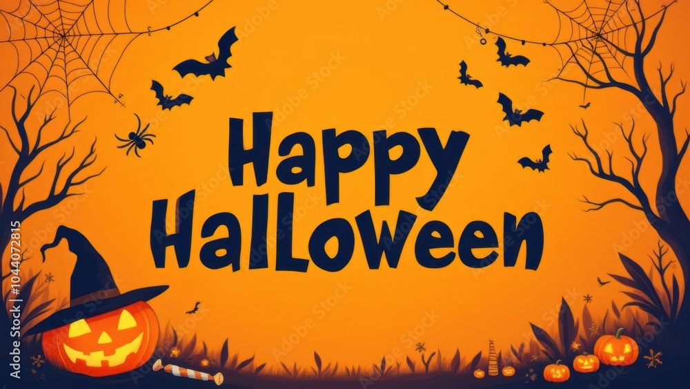 Halloween text frame, orange background, black spiders, web, bats, pumpkin, witch hat, candy, candles Halloween text frame, orange background, black spiders, web, bats, pumpkin, witch hat, candy, candles