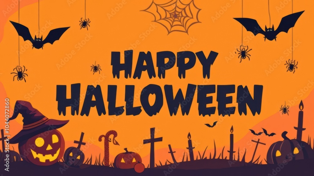 Halloween text frame, orange background, black spiders, web, bats, pumpkin, witch hat, candy, candles Halloween text frame, orange background, black spiders, web, bats, pumpkin, witch hat, candy, candles