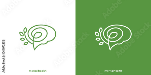 Creative Mental Health Logo. Brain Human Mind with Leaf Tree Nature with Linear Outline Style. Therapy Psychology Logo Icon Symbol Vector Design Template.