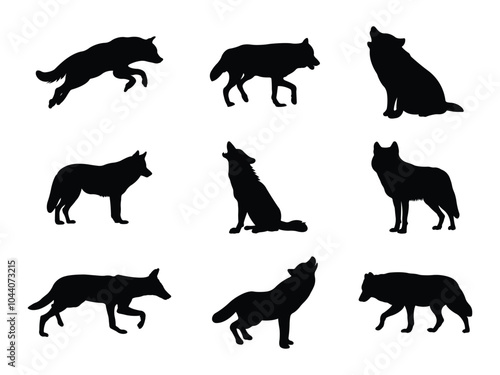 Set of Wolf Silhouette in various poses isolated on white background