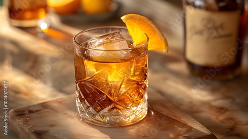 Cozy and Classic Old Fashioned Whiskey Cocktail in Glass with Citrus Garnish