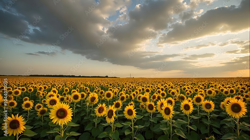 Fototapeta premium Field of Sunflowers Blooming Under Dramatic Sky in 16x9 Format