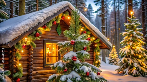 A beautifully decorated house glowing with festive Christmas lights and adorned with colorful ornaments on snow-covered trees. The warm holiday ambiance contrasts with the chilly winter night. photo