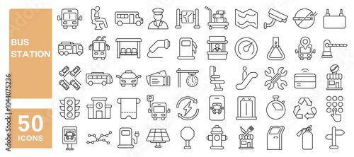 Set of 50 line icons related to bus station, bus, transportation, travel, station, track, transport, Editable stroke. Vector illustration