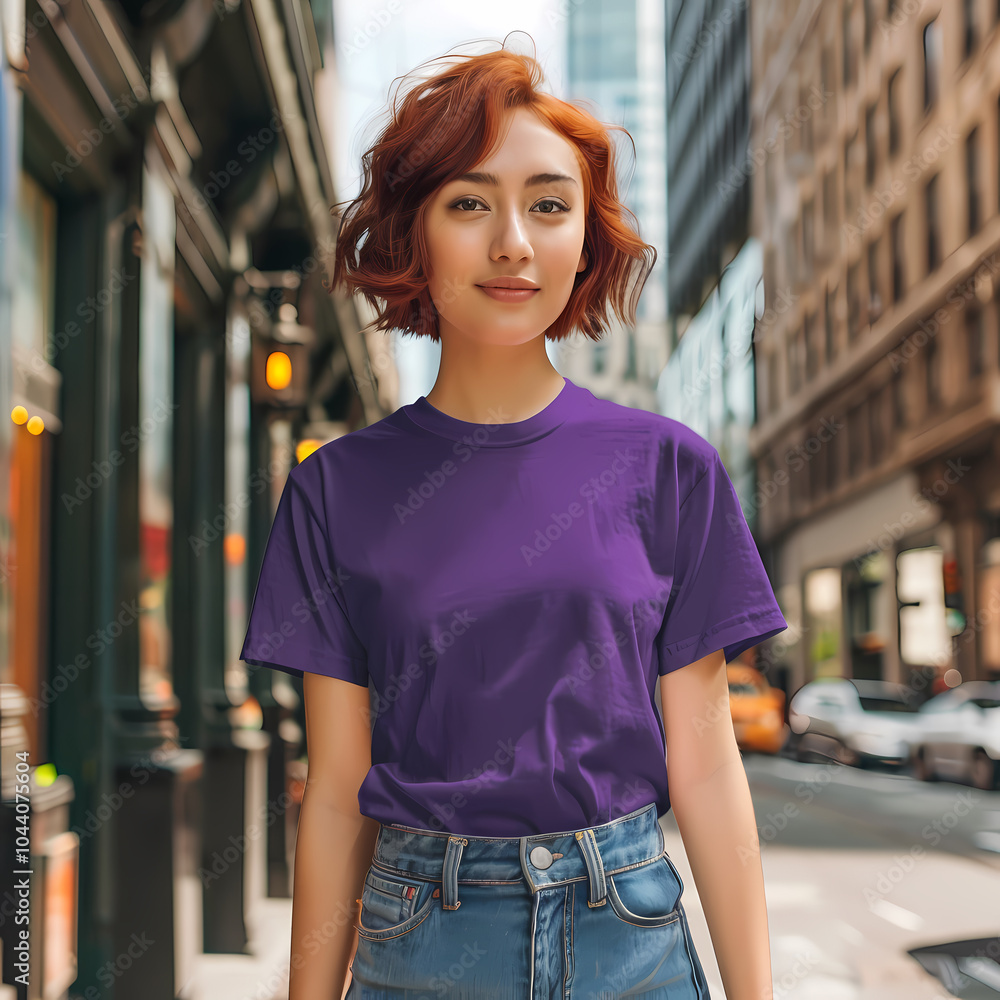 A young woman of Asian descent strolls confidently down a city street, wearing a purple t-shirt and denim shorts, exuding a vibrant urban vibe.