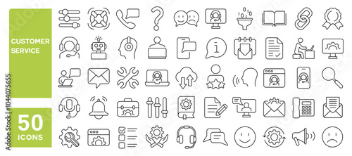 Set of 50 line icons related to customer service, technical, assistance, support, feedback, operator, complaint, guidance, Editable stroke. Vector illustration