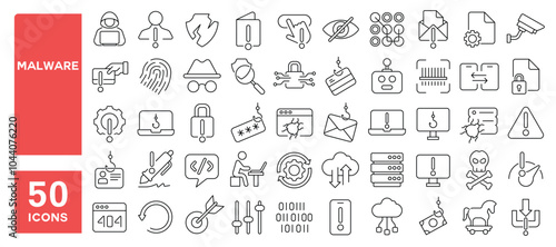 Set of 50 line icons related to malware, cyber, attack, software, virus, scam, hacker, fraud, Editable stroke. Vector illustration