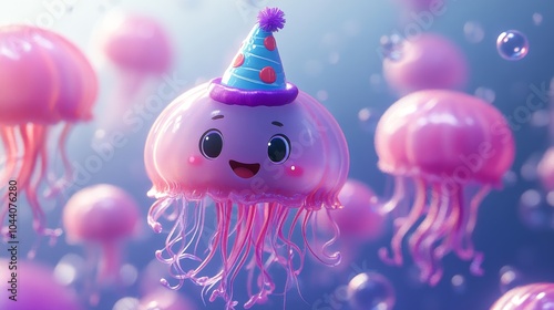 3D cartoon jellyfish with a birthday hat, floating joyfully