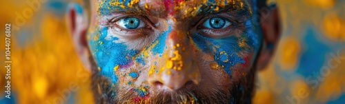 Man with a beard and blue eyes covered in paint, banner, copy space