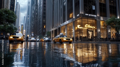 Tall buildings reflect city lights at dusk on a rain-soaked street, where people enjoy outdoor activities despite the cold