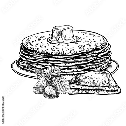 Pancakes on a plate. Vector graphic drawing of pancakes with strawberries. Black and white hand-drawn illustration. On a white background. For menus, posters or labels, for recipes, invitations.