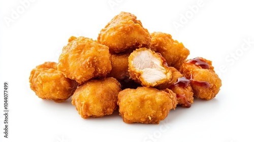 Southern fried chicken nuggets with BBQ sauce, food element, photorealistic, golden crispy batter, isolated on white background