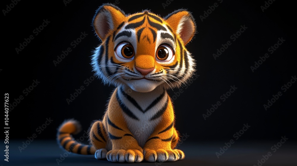 3D cartoon tiger with bold stripes, sitting and looking curiously at the viewer 3D cartoon tiger with bold stripes, sitting and looking curiously at the viewer