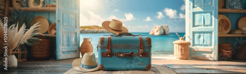 Suitcase with a hat on top of it, travel concept, banner, copy space photo