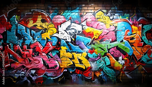 Vibrant street graffiti art on urban brick wall; dynamic urban expression, creative mural