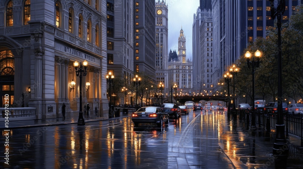 Fototapeta premium Tall buildings reflect city lights at dusk on a rain-soaked street, where people enjoy outdoor activities despite the cold