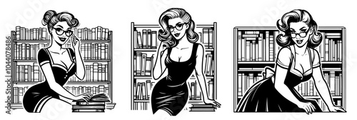 pinup girl, black vector illustration, pin-up woman silhouette comic character library librarian teacher learning books