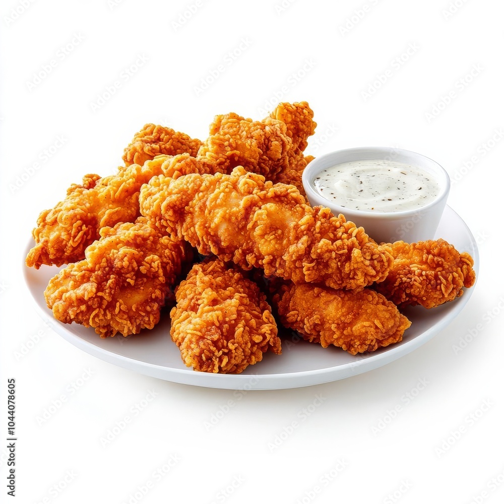 Spicy fried chicken tenders with ranch sauce, food element, hyper-realistic, golden crispy coating, isolated on white background Spicy fried chicken tenders with ranch sauce, food element, hyper-realistic, golden crispy coating, isolated on white background