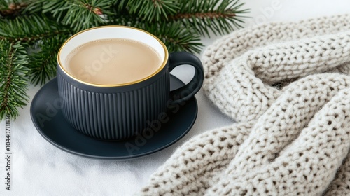 Wallpaper Mural A warm coffee cup sits on a plate beside a knitted scarf, surrounded by fresh pine branches, evoking a tranquil winter ambiance Torontodigital.ca