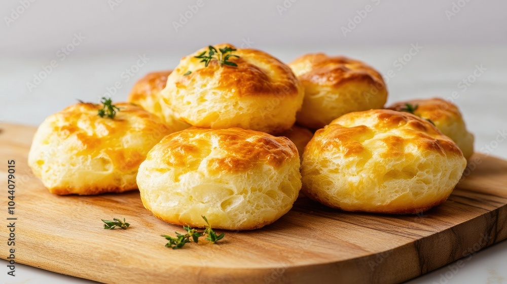 Golden Cheesy Gougeres on Wooden Board Golden Cheesy Gougeres on Wooden Board