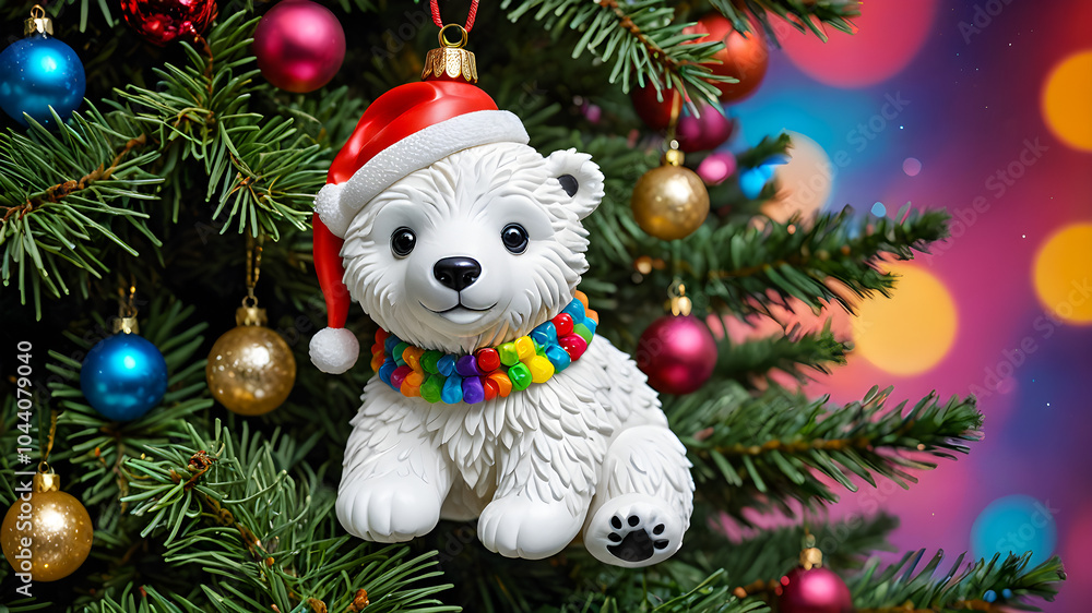 New Year's toy bear, Teddy bear in a Santa Claus hat on a Christmas tree branch. New Year card, poster. christmas holiday concept New Year's toy bear, Teddy bear in a Santa Claus hat on a Christmas tree branch. New Year card, poster. christmas holiday concept