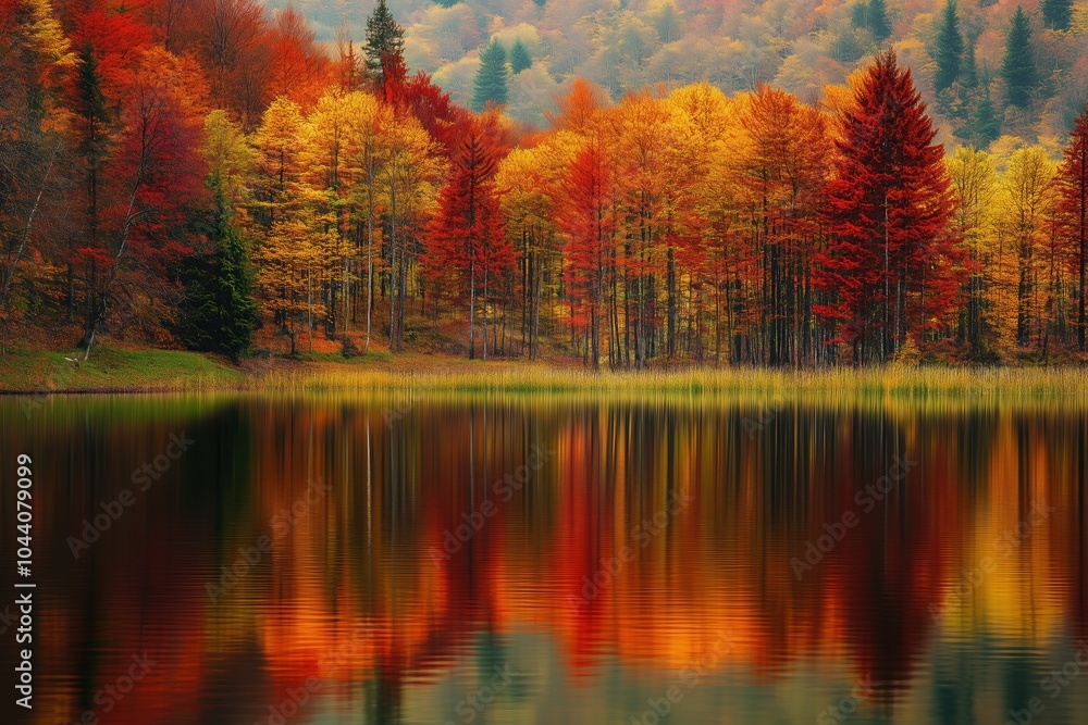 Obraz premium Golden autumn trees reflected in a calm lake