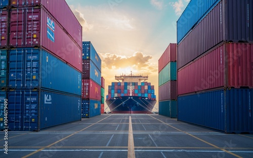 Cargo ship, A large cargo ship at a port with a row of colorful shipping containers on either side. photo