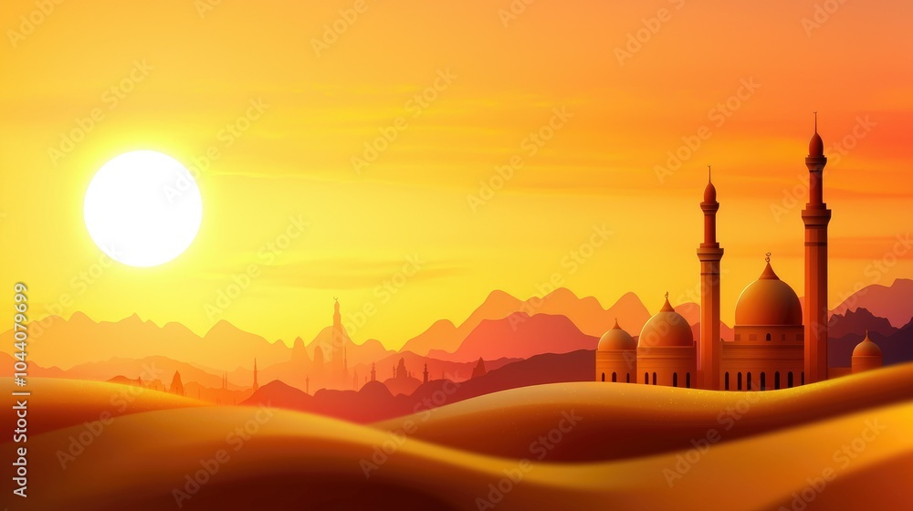 Obraz premium Serene Mosque Landscape at Sunset