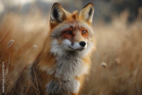 A close-up portrait of a red fox with intense eyes, surrounded by dry grass in a natural, golden field, highlighting the beauty of wildlife.