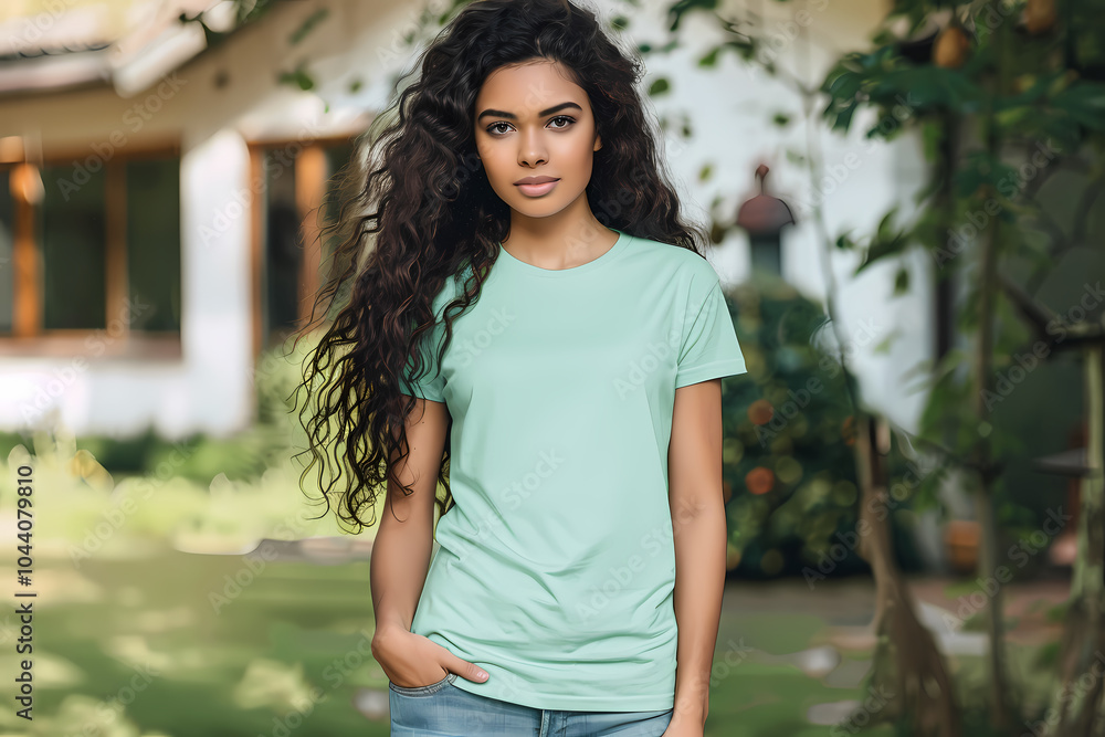 A young woman of mixed ethnicity stands outdoors in a mint green shirt, exuding confidence with a serene garden backdrop. A young woman of mixed ethnicity stands outdoors in a mint green shirt, exuding confidence with a serene garden backdrop.