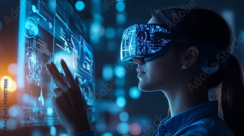 Wallpaper Mural IT Manager immersed in advanced holographic interface, analyzing data through AR simulation glasses, showcasing innovative technology in a dynamic virtual reality environment. Torontodigital.ca